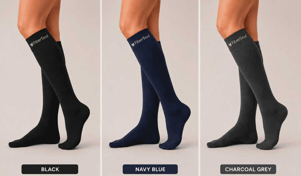 FiberSoul Max Plus compression socks in Black, Navy Blue, and Charcoal Grey